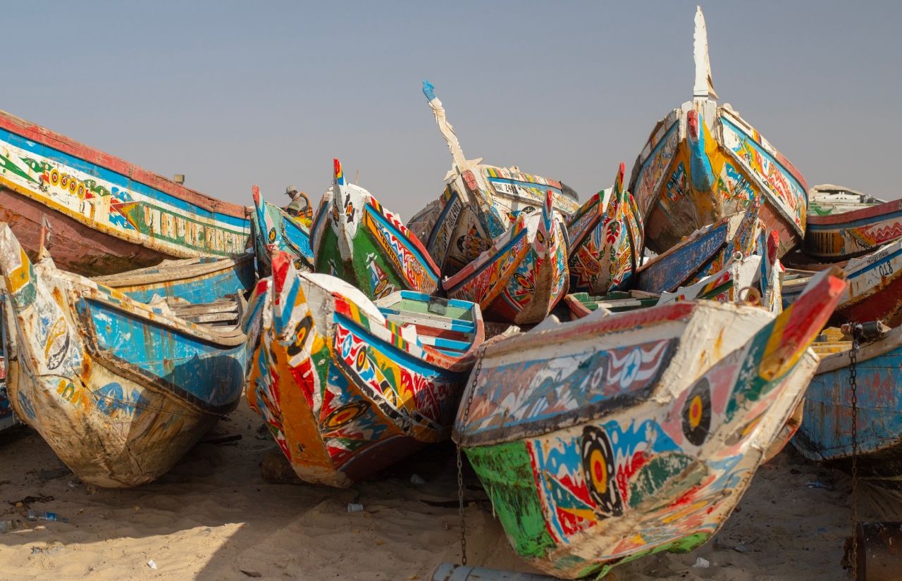 Fishing boats stored on the beach of Nouakchott.